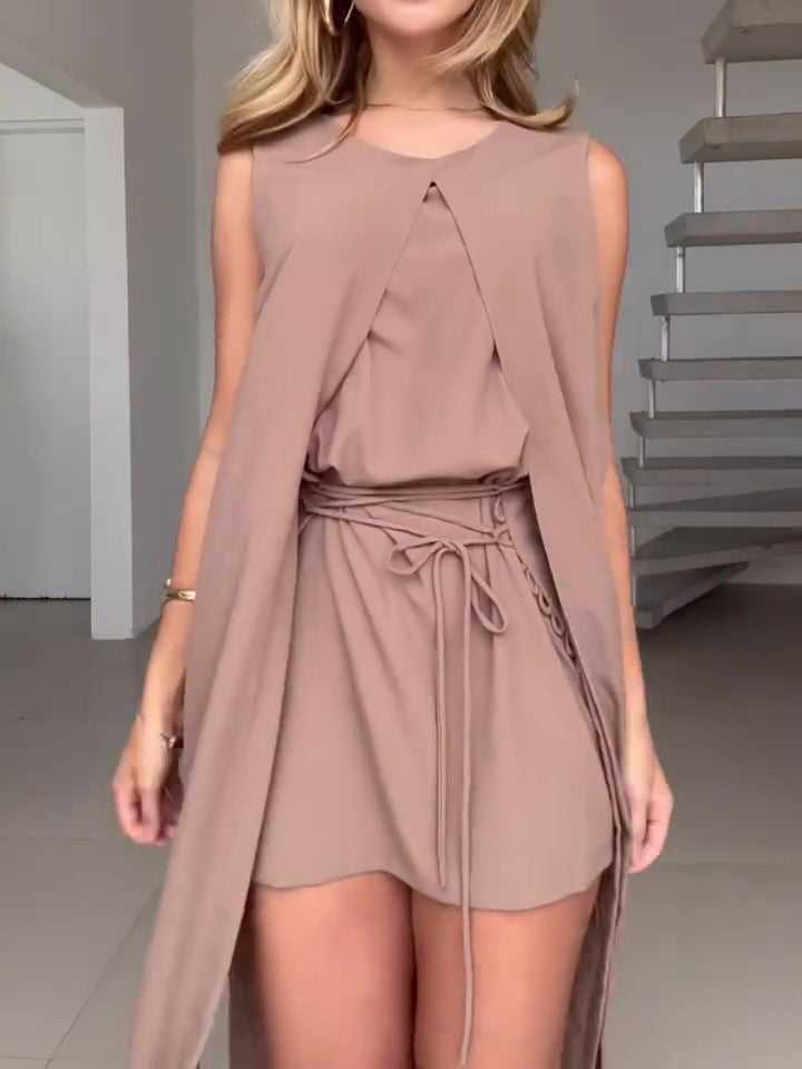 Solid Color Sleeveless Tie Dress