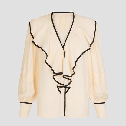 New Women's V-neck Retro Loose-fit Contrast-color Pleated Blouse