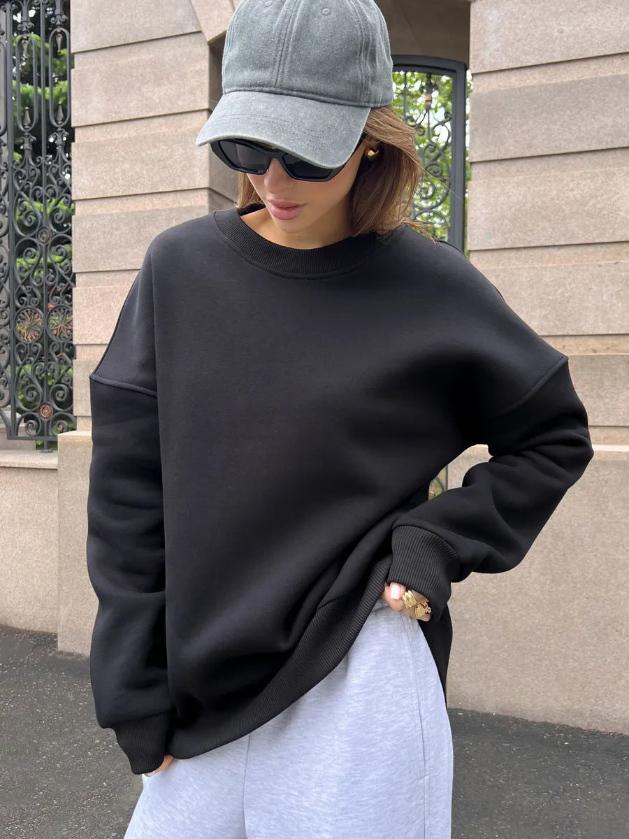 Fashionable Casual Retro Solid-color Thickened Crewneck Sweatshirt