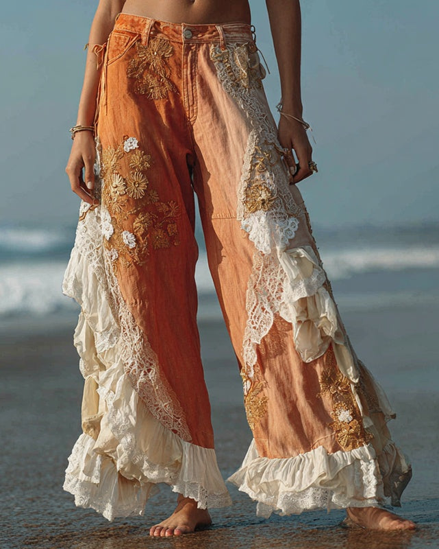 Women's Leisure Fashion Retro Print High-Waisted Pants, Comfortable Fake Jeans That Can Slim The Legs