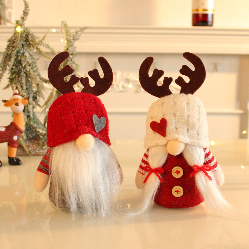 Handmade Scandinavian Christmas Gnome - Rudolf Reindeer Faceless Doll with Knitted Hat & Antlers | Nordic Holiday Table Decoration