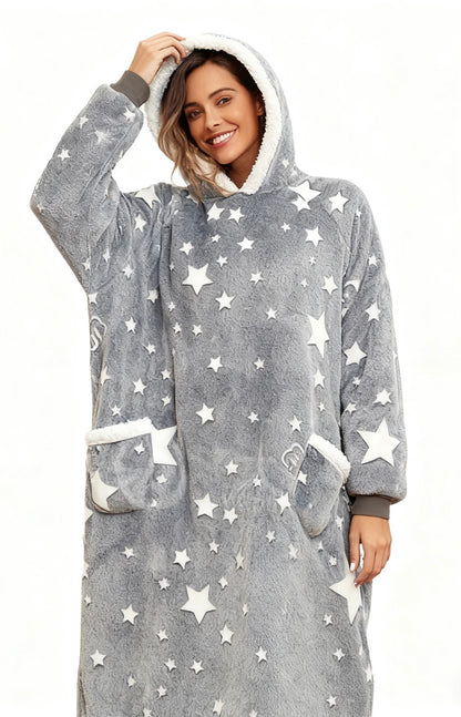 Oversized Wearable Hooded Blanket With Print Glow In The Dark Long Size Sherpa Warm Sweatshirt For Women