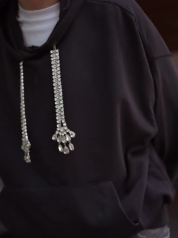 Oversized Hoodie With Crystal-Embellished Drawstrings