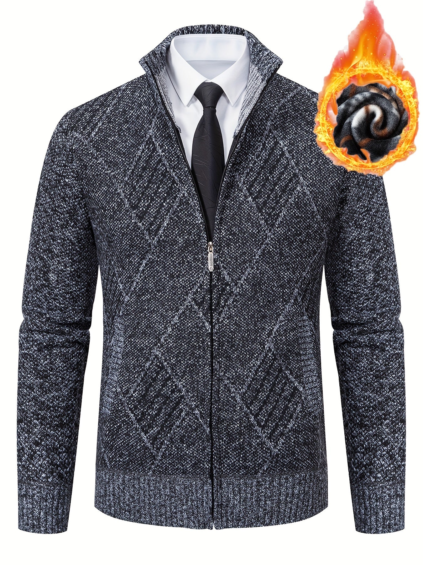 Mens Diamond Plaid Cardigan - Stylish Casual with Refined Stand Collar - Luxuriously Plush & Cozy Warm Knit Zip Up - Eye-Catching Design