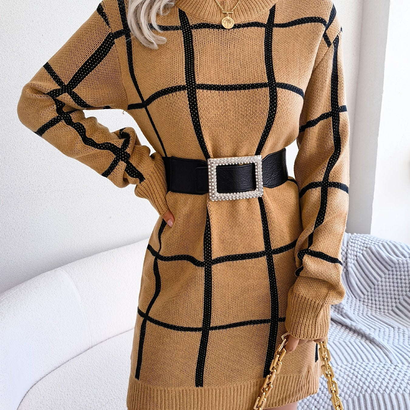 Premium Color Block Plaid Sweater Dress - Women's Long Sleeve Casual Bodycon Dress