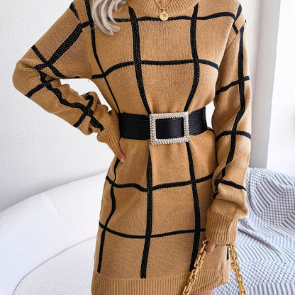 Premium Color Block Plaid Sweater Dress - Women's Long Sleeve Casual Bodycon Dress