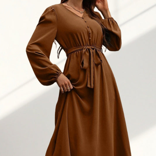 Solid-color Collar Long-sleeve Dress
