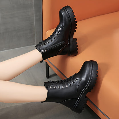 Women's Chunky Platform Round-Toe Ankle Boots with Thick TPR Sole & Faux Upper - Chunky Heel (1-2cm) Round Toe s, Black Faux & TPR Outsole for Casual, Office, Party - Round-Toe Booties