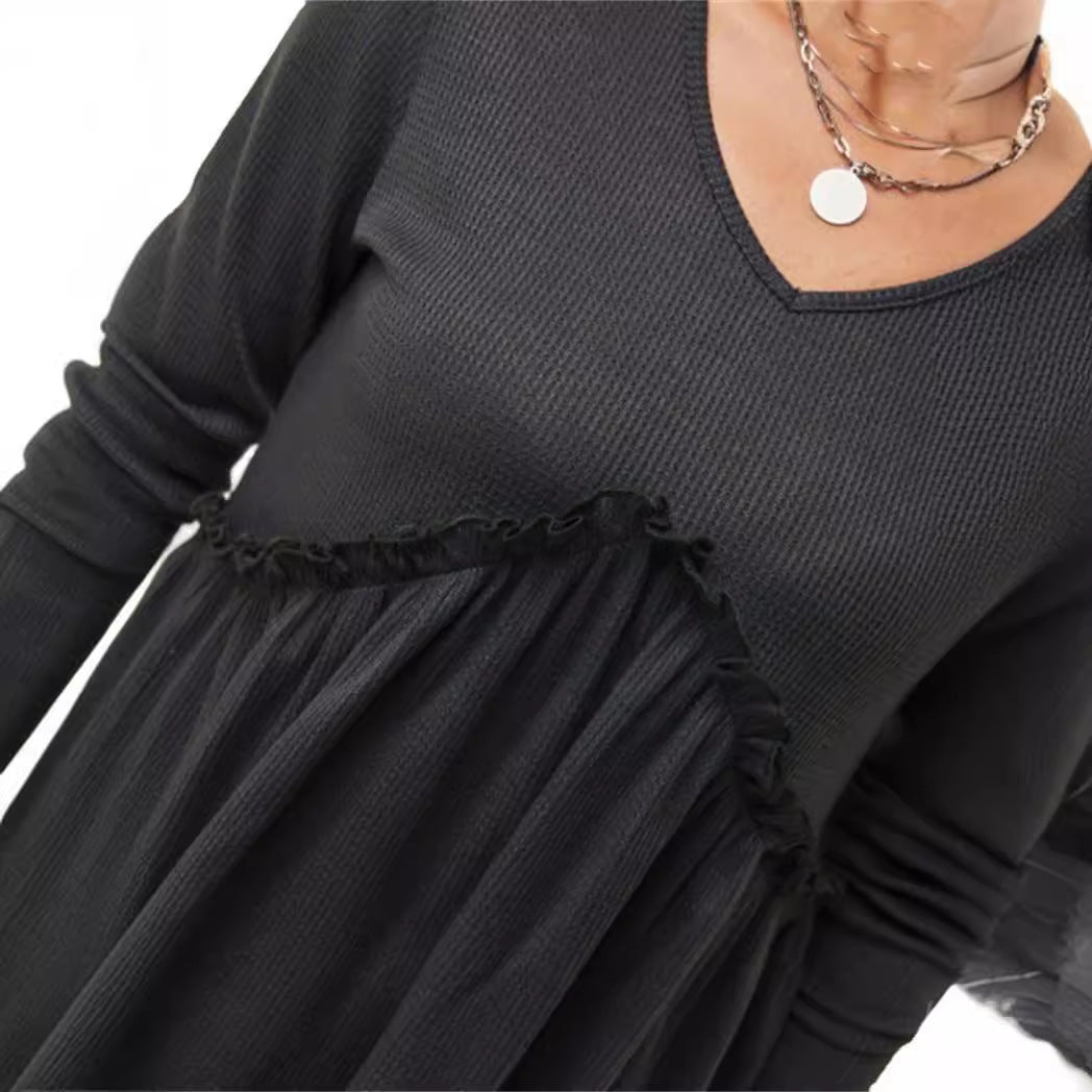 Loose-fit Ruffled Pleated V-neck T-shirt For Women