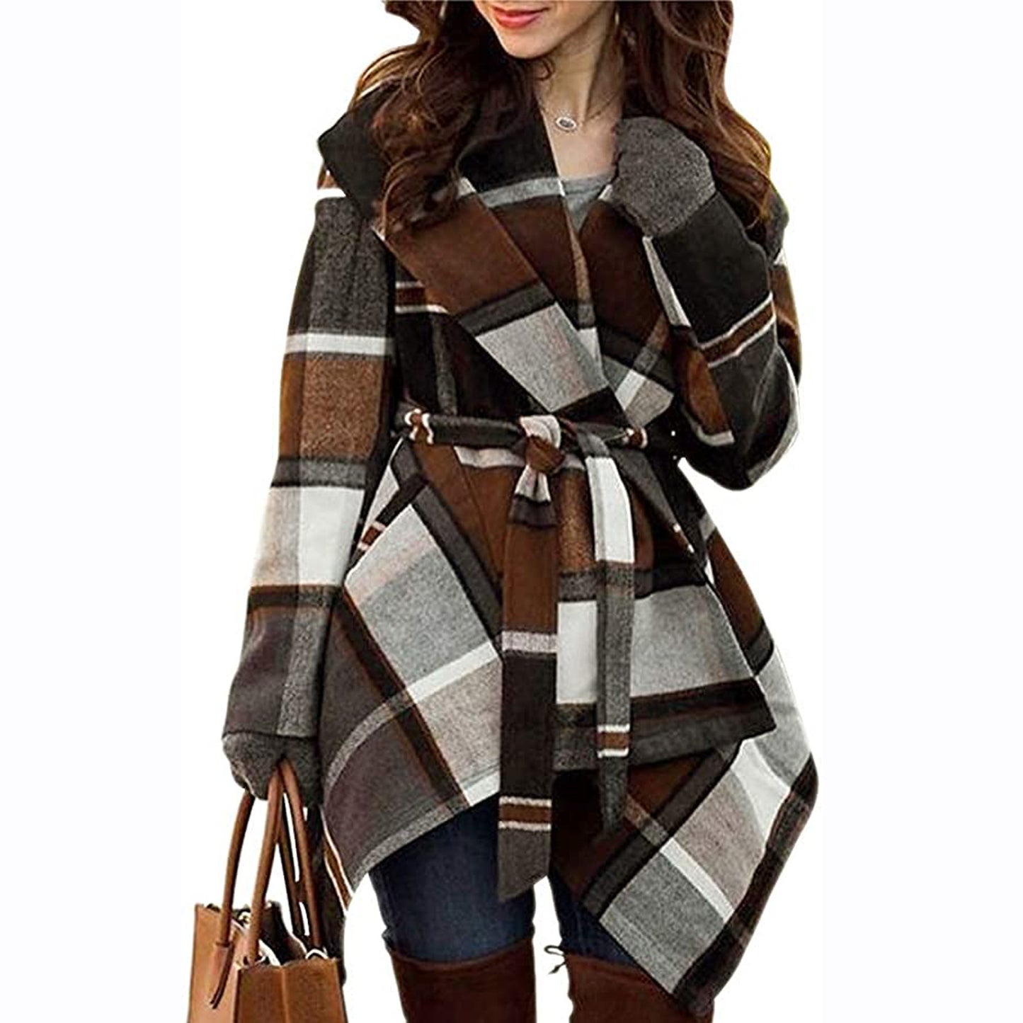 Lace-up Plaid Color Matching Woolen Coat Mid-length Trench Coat For Women