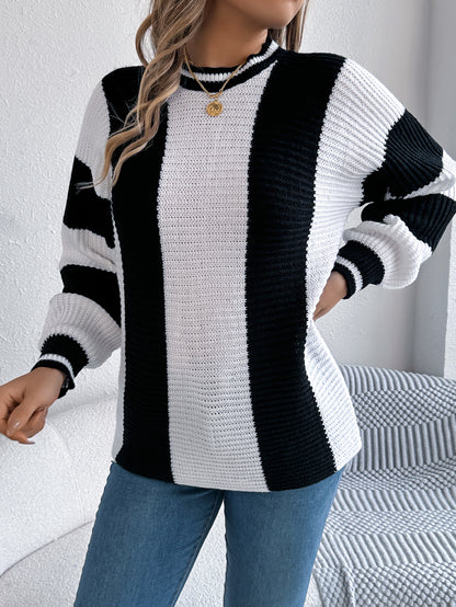 Women Casual Color Block Stripe Lantern Sleeve Pullover Sweater