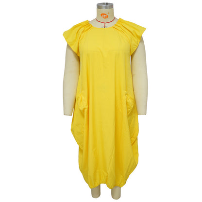 Women's Plus-Size Solid-Color Loose Dress With Two Pockets