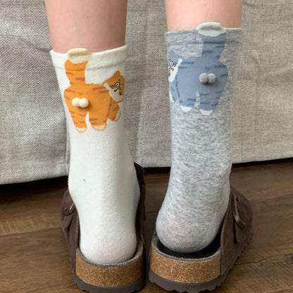 Women's Thin Solid Color Cute Cartoon Funny Long Socks