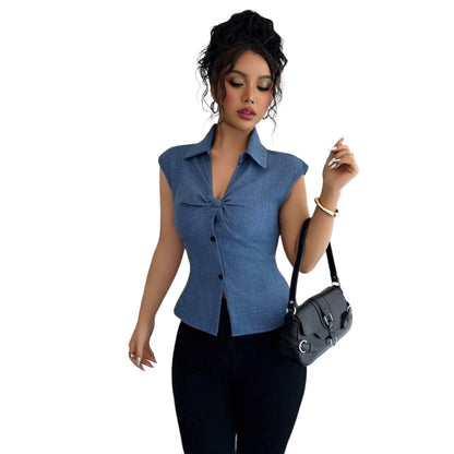 Women's Slim-fit Sleeveless Blouse With Pleats Elegant Top