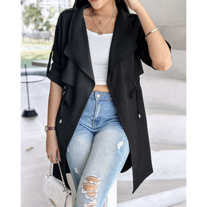 Loose Solid Color Waist Tight Rolled Sleeves Mid-length Trench Coat For Women