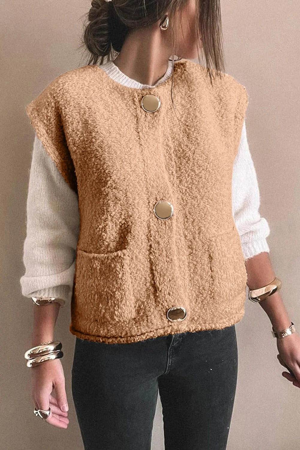 Women's Solid Color Versatile Button Warm Vest