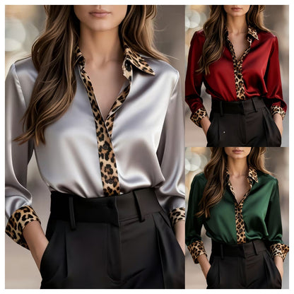 Womens Long-Sleeve Leopard-Print Crew-Neck Spliced Satin Shirt