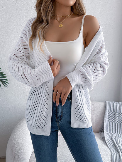 Women Casual Solid Color Hollow Out Long Sleeve Cardigan Sweater
