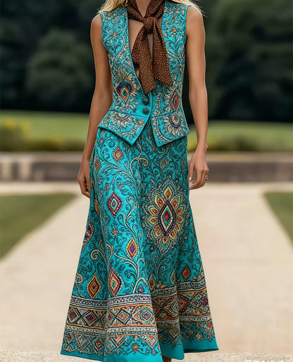 Women's Sleeveless Suit Collar Button-down Casual Skirt Suit