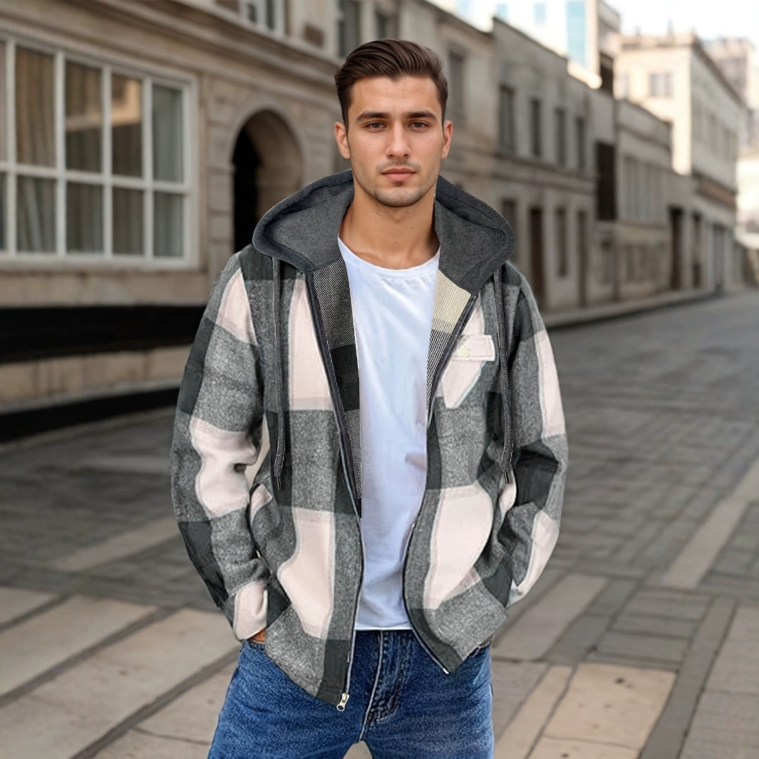 Men's Flannel Jacket Zipper Hooded Jacket