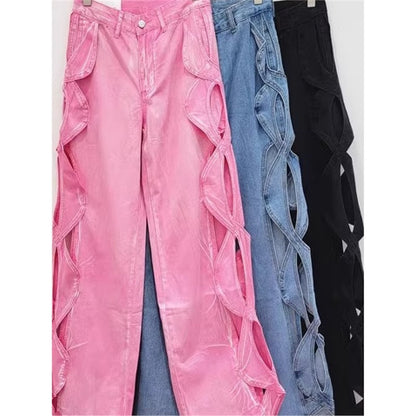 SpringSummer Side-Stranded Braid Ripped Casual Straight-Leg Wide-Leg Denim Jeans