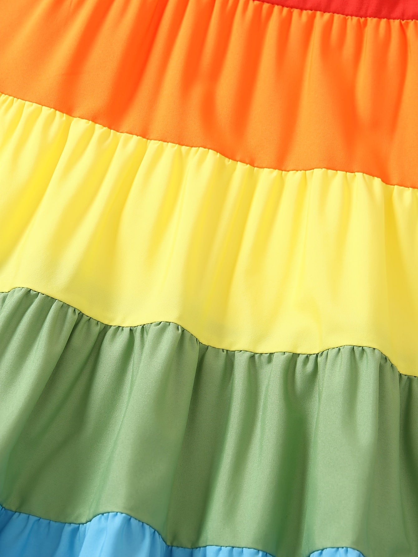 Girls' Spaghetti Strap Color-Blocked Rainbow Cake Dress - Perfect for Outdoor Occasions.