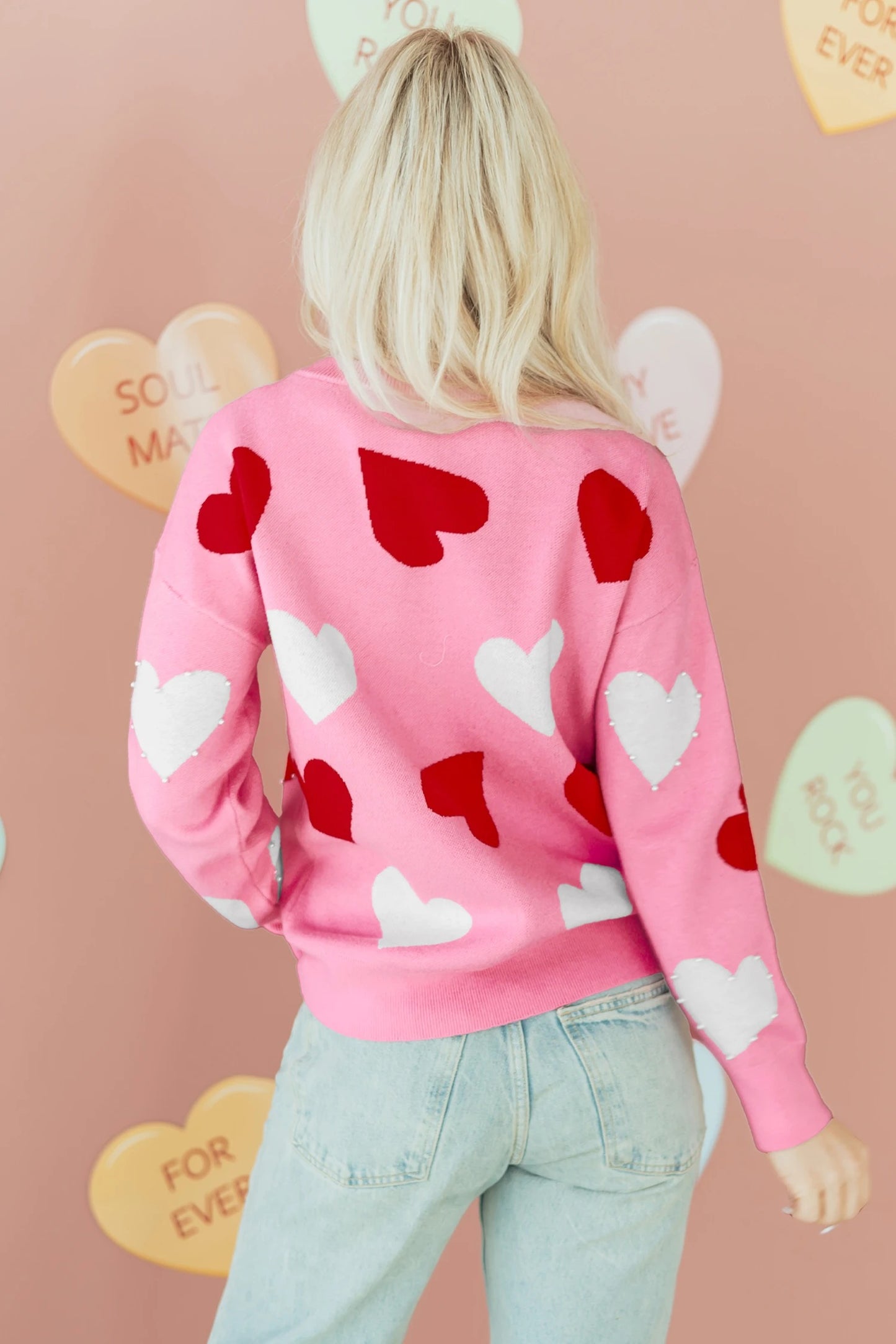 Women's Fashionable And Versatile Heart-Print Crew-Neck Knitted Top