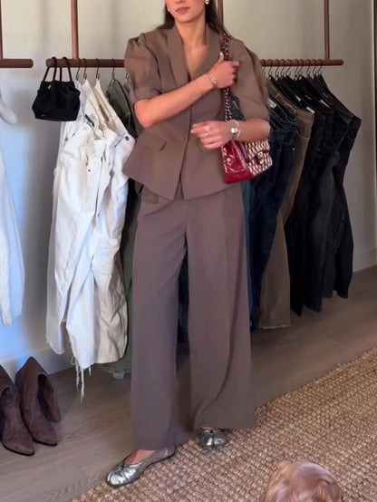 Brown Short-sleeved Blazer & High-waisted Pants Suit