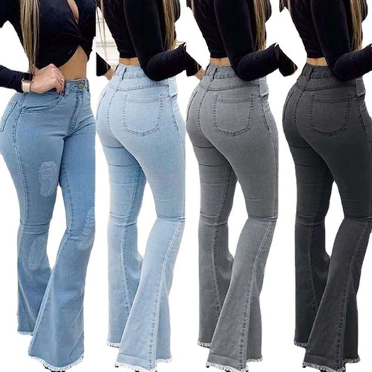 High Waist Bootcut Jeans for Women - Elastic Tassel Denim Trousers