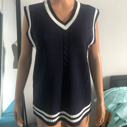 Women's Waistcoat V-neck Striped Stitching Casual Knitted Sweater