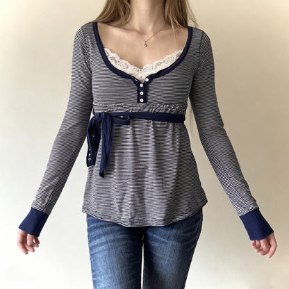 Lace-trimmed Faux Two-piece Striped High-waist Long-sleeve Versatile Top