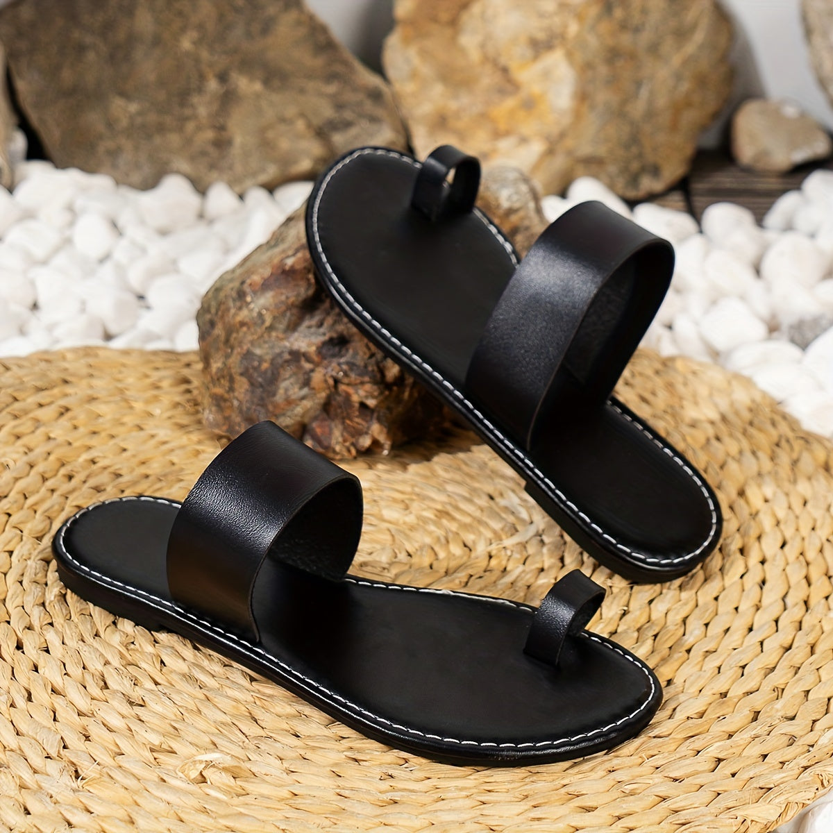Women's Dark Brown Toe Loop Sandals - Comfortable Flat Slip-On Slides for Indoor & Outdoor Wear