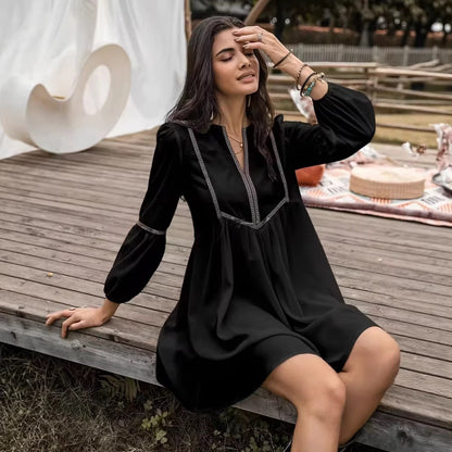 Women's Intellectual Casual Long-Sleeve V-Neck Dress