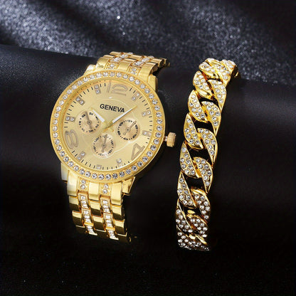 1pc Rhinestone Decor Quartz Watch Luxury Hiphop Analog Wristwatch & 1pc Bracelet, Gift For Xmas Valentine's Day