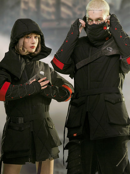 Mid-length Black Hooded Cotton Coat