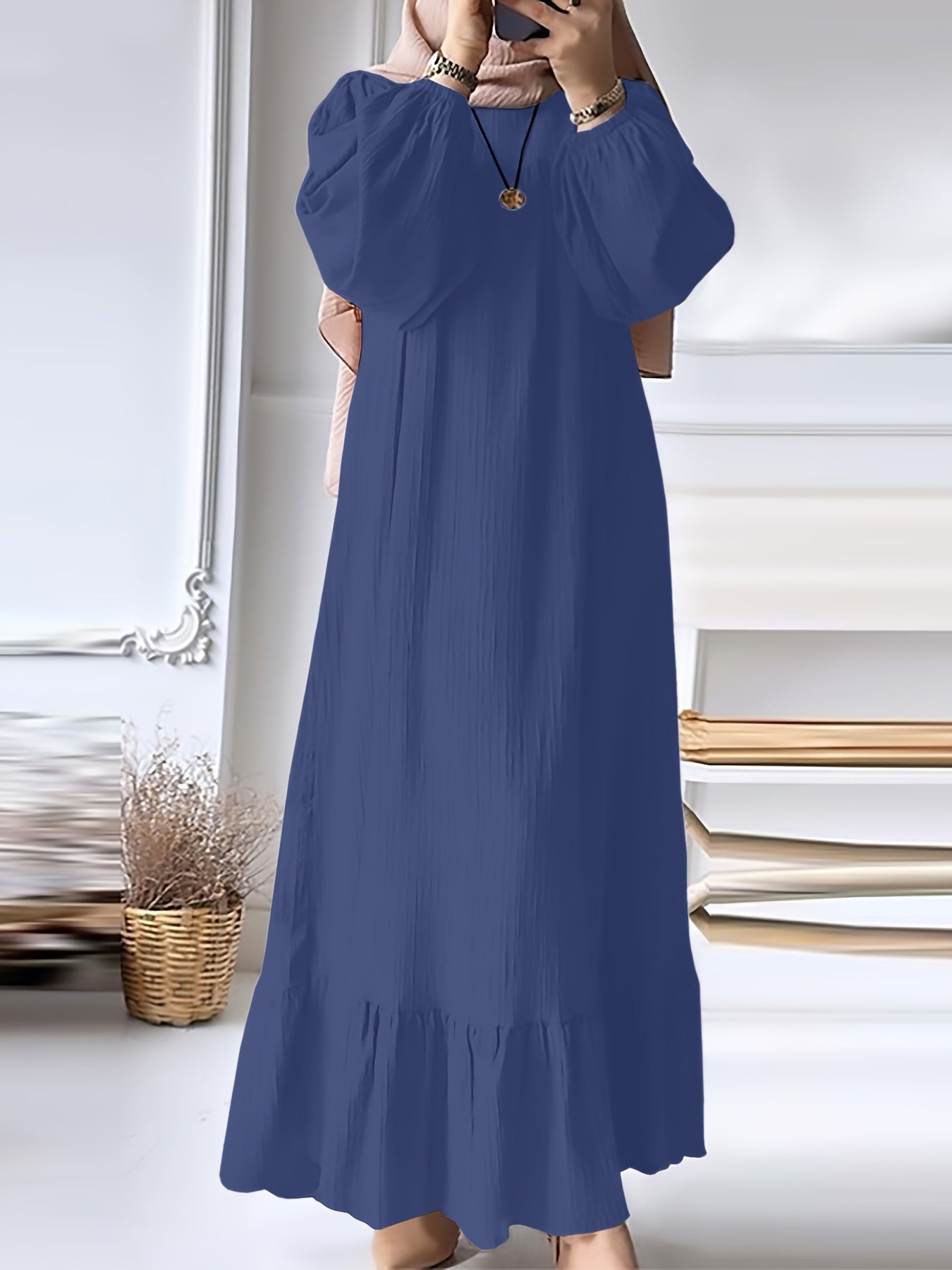 Fashion Solid Color Round Neck Ruffled Long Sleeve Dress
