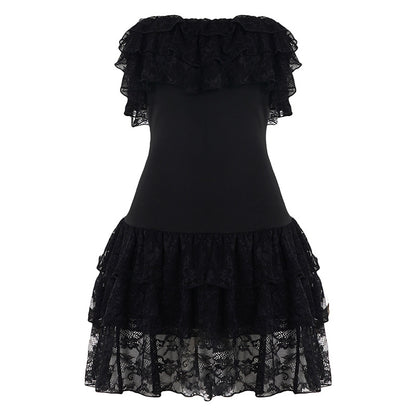 Ruffle-neck Off-shoulder Elegant Socialite Party High-waisted A-line Skirt