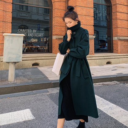 Mid-length Woolen Coat Over-the-knee Waist British Style Coat