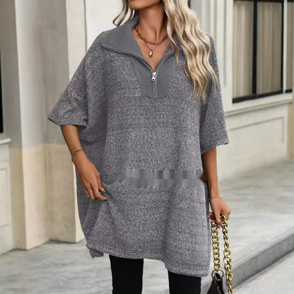 Women's Fashionable Mid-length Zipper And Lapel Sweater