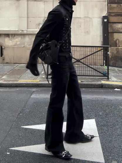 Black Lace-Up Deconstructed Denim Jacket