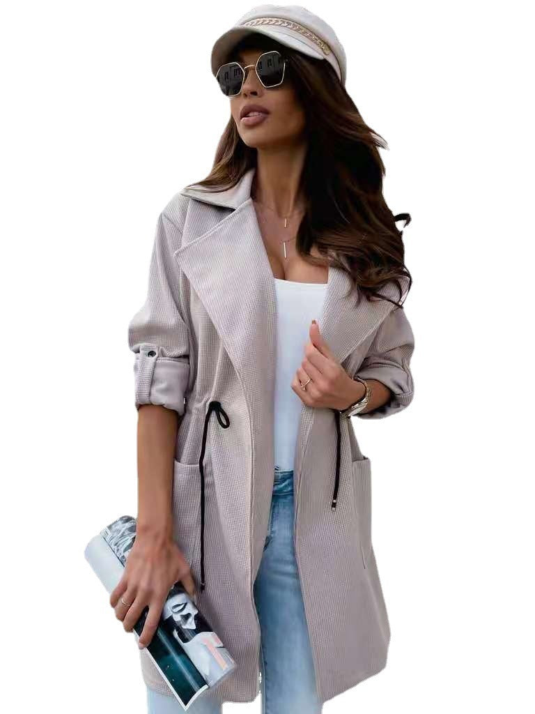 Fashion Suit Collar Drawstring Mid-length Trench Coat