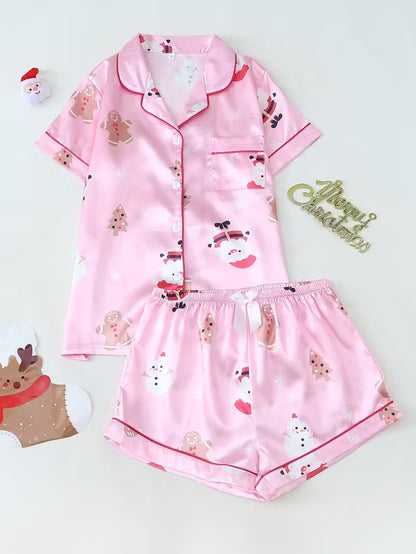 Cute Cartoon Pajama Set With A Turn-down Collar Short Sleeves