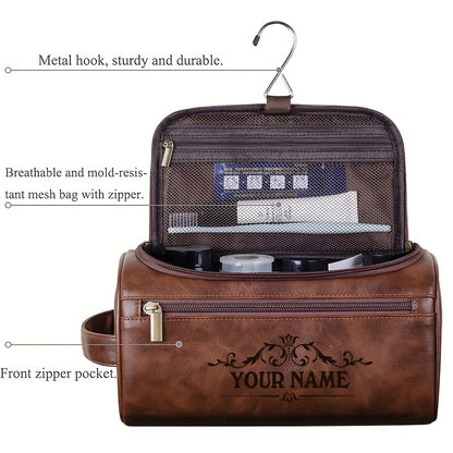 1pc Custom Engraved Men’s Toiletry Bag - Personalized Synthetic Leather Travel Organizer with Zipper Closure, Top Handle Strap & Wet Wipes Cleaning - Brown, Perfect for Birthdays, Anniversaries & Christmas Gifts, Toiletry T