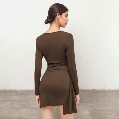 Designer-style Pleated Slim-fit Dress For Women Autumnwinter Deep Brown V-neck Long-sleeve Sheath Skirt With A Slit