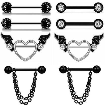 Black Full Drill Ball Straight Wings Heart Shaped Body Piercing Jewelry