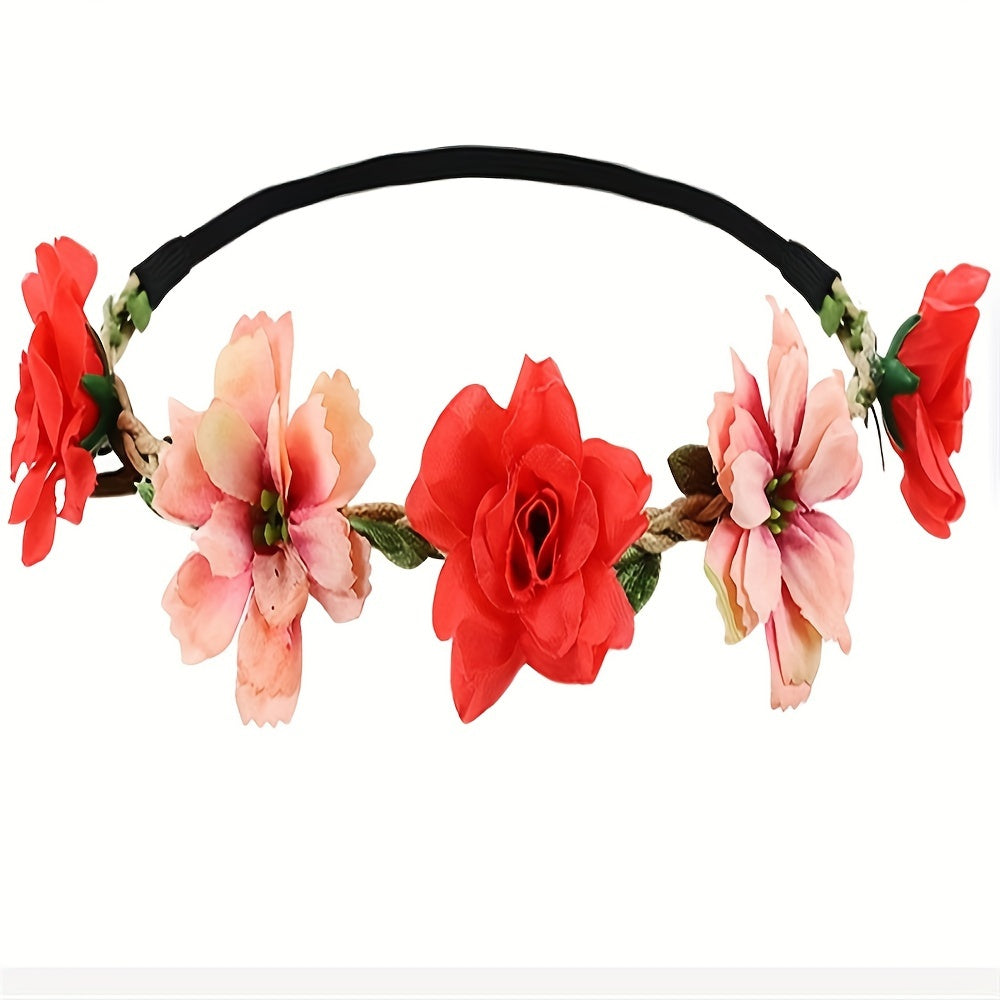 Adjustable Floral Garland Headband for Women & Girls - Multicolor Artificial Flower Crown with Soft Pastel Shades, Black Elastic Band & Golden Accents for Weddings, Festivals, Parties, Special Occasion Wear, Elegant Headpiece