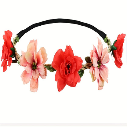 Adjustable Floral Garland Headband for Women & Girls - Multicolor Artificial Flower Crown with Soft Pastel Shades, Black Elastic Band & Golden Accents for Weddings, Festivals, Parties, Special Occasion Wear, Elegant Headpiece