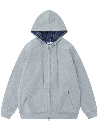 Street Plaid Cardigan Hoodie Loose-fitting Hooded Coat