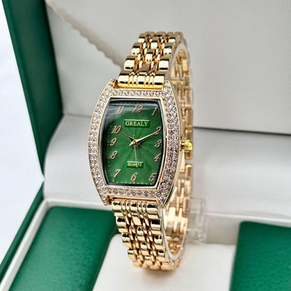 Diamond-encrusted Watch Barrel-shaped Dial Metal Bracelet Quartz Ladies' Watch