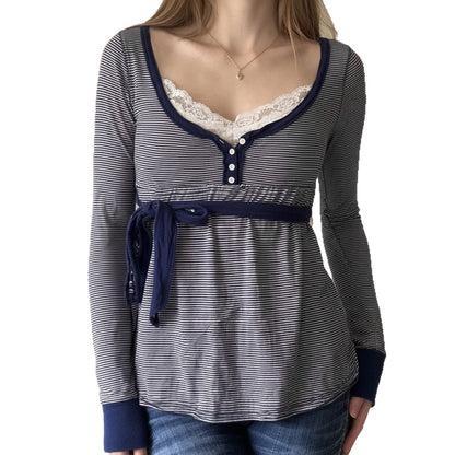 Lace-trimmed Faux Two-piece Striped High-waist Long-sleeve Versatile Top
